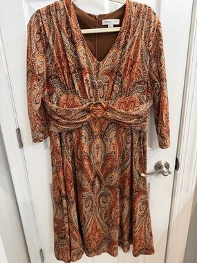 Coldwater Creek Paisley Midi Dress with Decorative Ring Belt in Rust and Brown